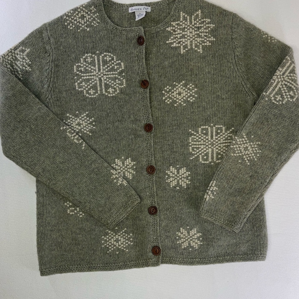 Vintage Eagles Eye Green Snowflake Wool Sweater Cardigan Size Large
